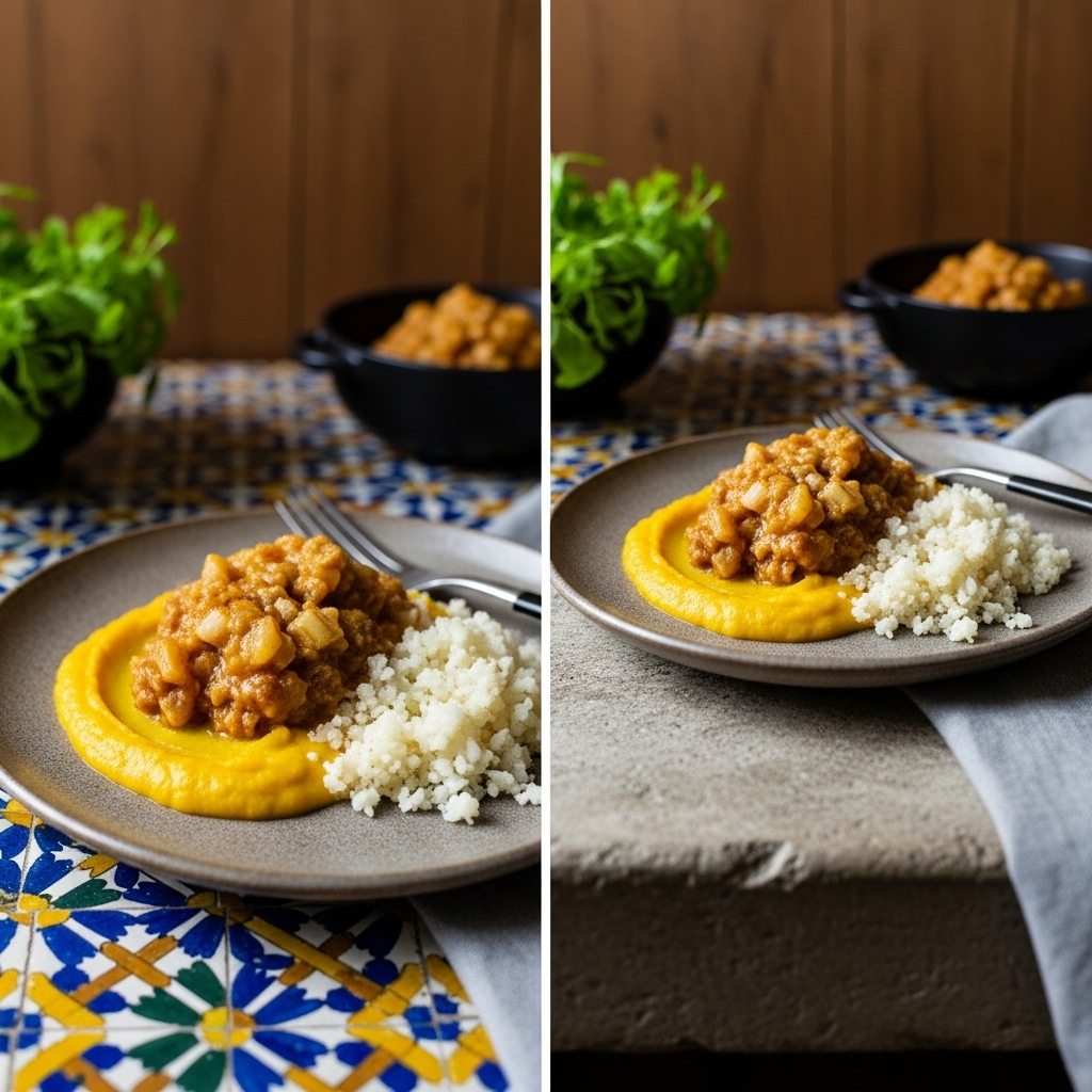 Gluten-Free South African Bobotie with Golden Squash Purée and Cauliflower Rice – A Cinematic Dinner Delight